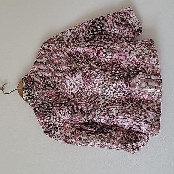 Chico's Pink Brown Sequin Beaded Trim Linen Blend Open Front Jacket Size Small S - Picture 7 of 7